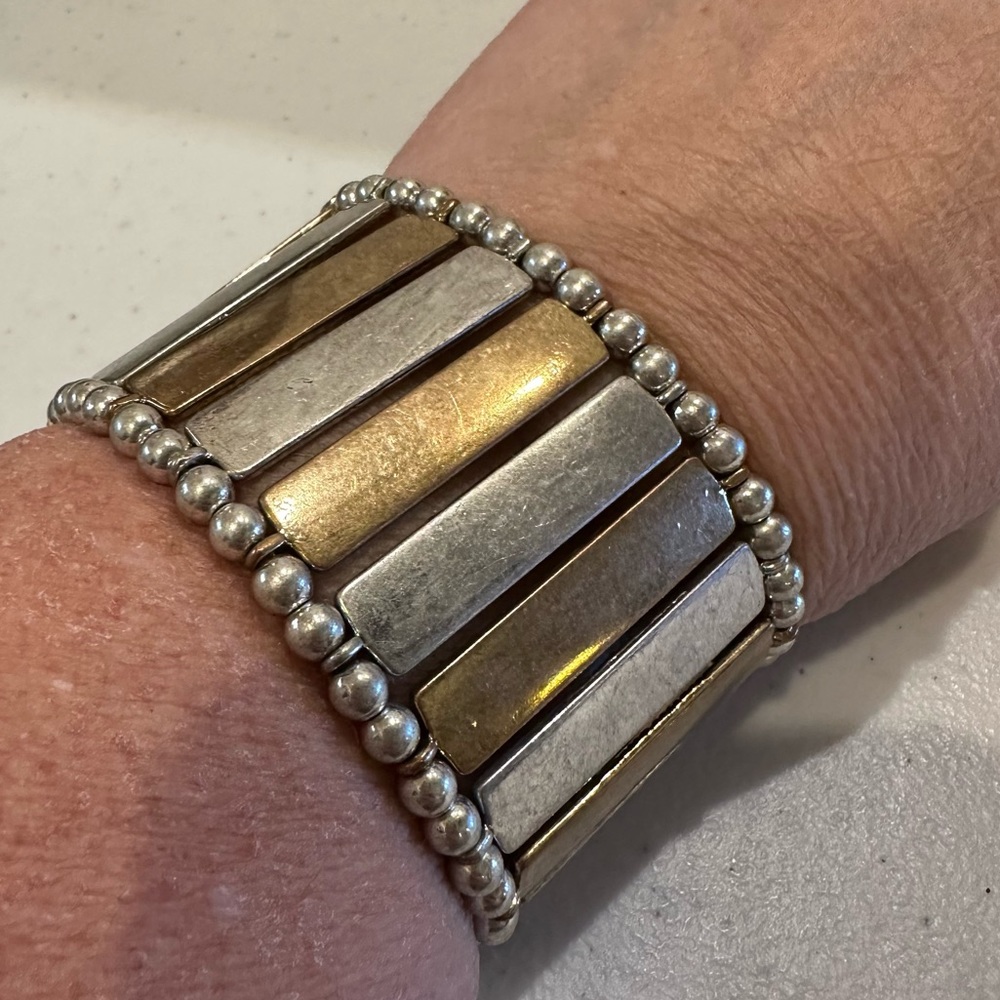NWT The Sak Bracelet- antiqued silver & gold tone, stretch, wide - Picture 2 of 11